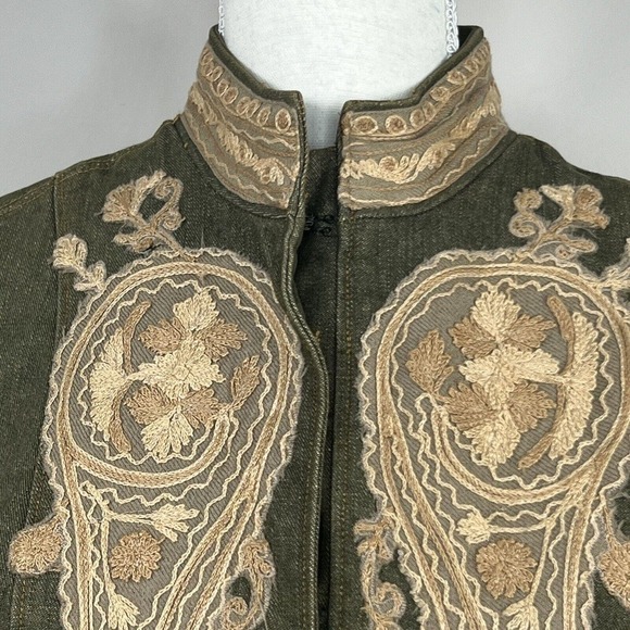 Plenty Tracy Reese Anthropologie Olive Green Embroidered Long Denim Nehru Jacket - Picture 4 of 16